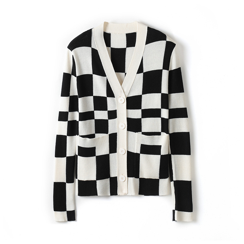 ED Checkerboard V-neck knitted sweater for women, long-sleeved cardigan, slim-fit sweater, woolen style commuter coat, autumn women's wear Item Picture