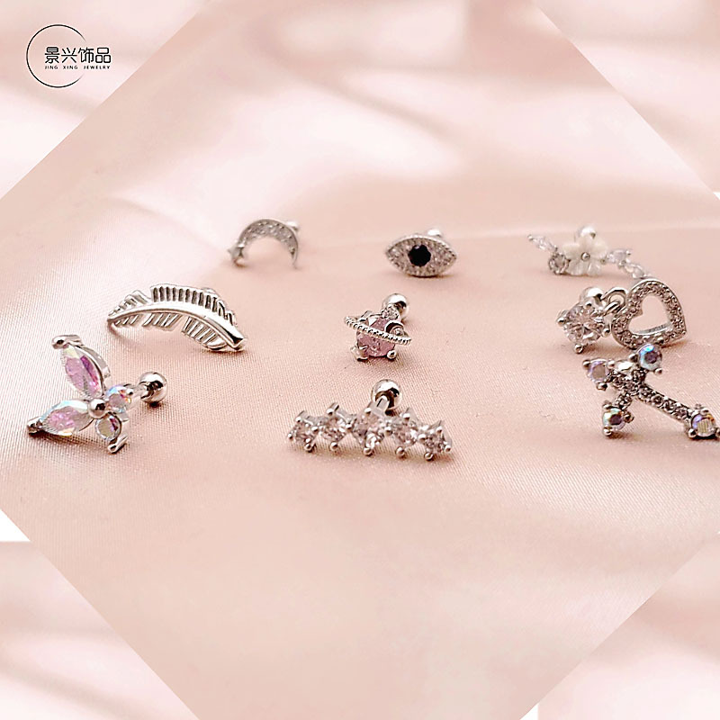 New cross-border best-selling stainless steel ear bone studs, 16G flower stud studs, twist ball zircon stud studs, European and American piercing accessories Specification image