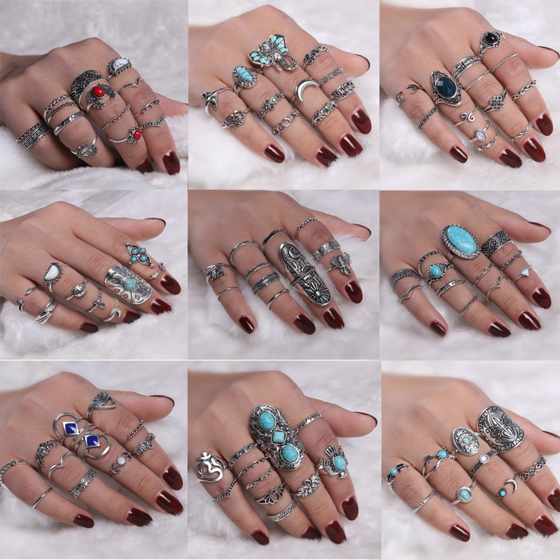 欧美流行套装戒指 复古多元素组合多件套戒指 几何型女式戒指详情图2