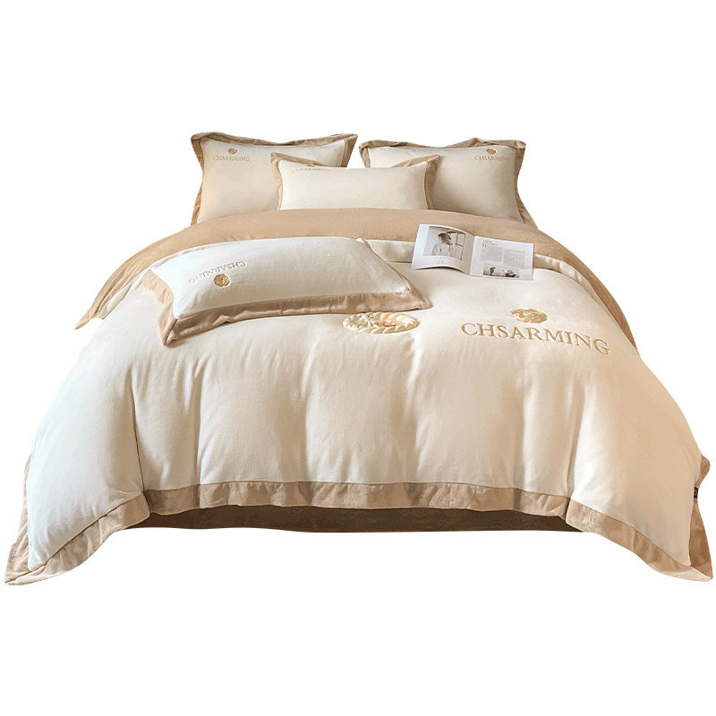 Class A baby and mother grade embroidered milk fleece four-piece set, thickened coral fleece flannel duvet cover for autumn and winter Item Picture