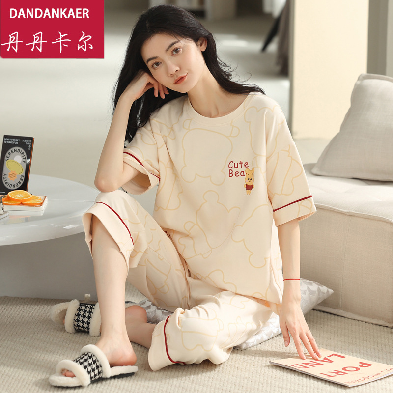 Pure cotton pajama women's summer set, fashionable large-sized, casual and cute knitted short-sleeved home wear wholesale, can be worn outside
