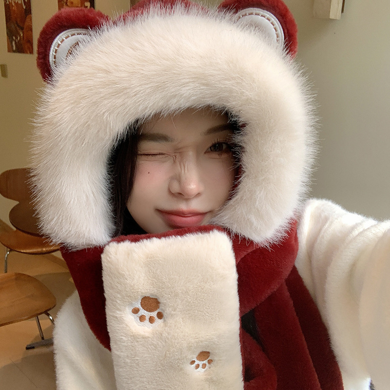 红色草莓熊三件套小熊帽子围巾一体女款毛绒连帽冬季卡通护耳帽潮