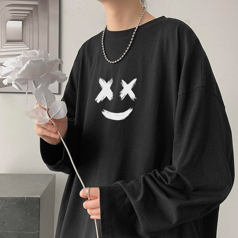Graffiti smiling face T-shirt for men, long-sleeved spring and autumn, thin and loose, trendy Hong Kong-style, Instagram-style hip-hop boys as a base for autumn Application Scenario