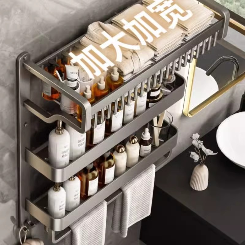 Towel rack, bathroom storage, no need for drilling, bathroom storage with pole, space aluminum thickened bath towel rack, double-layer wall-mounted Specification image