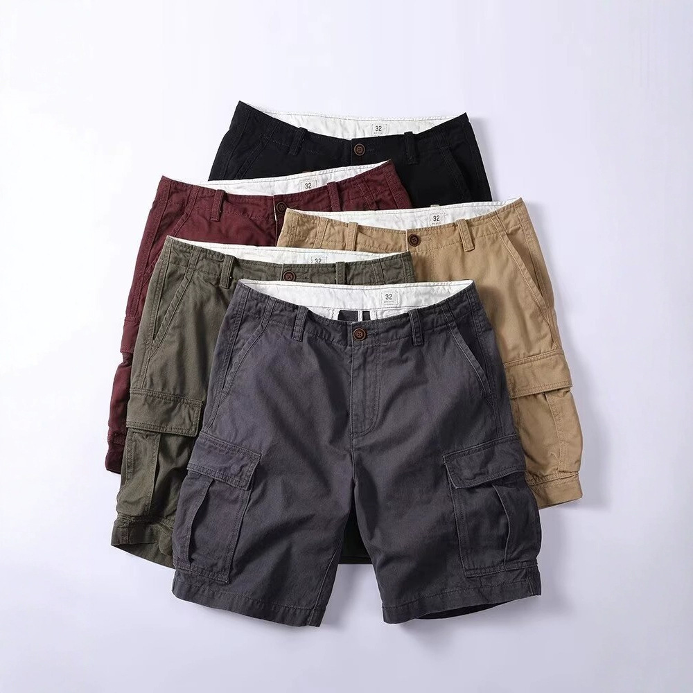 Amekaki retro heavyweight casual workwear shorts for men's fashion summer, loose four-quarter and five-quarter pocket versatile pants