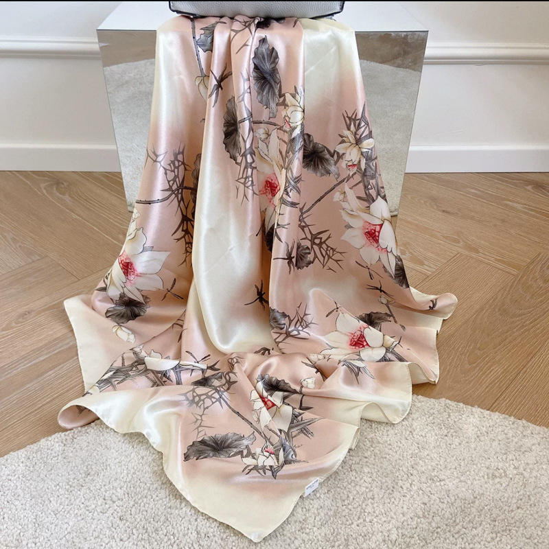 Summer sun protection small silk scarf for women, 90×90cm large square scarf, neck protection and chest smoothing, thin imitation silk scarf details Picture