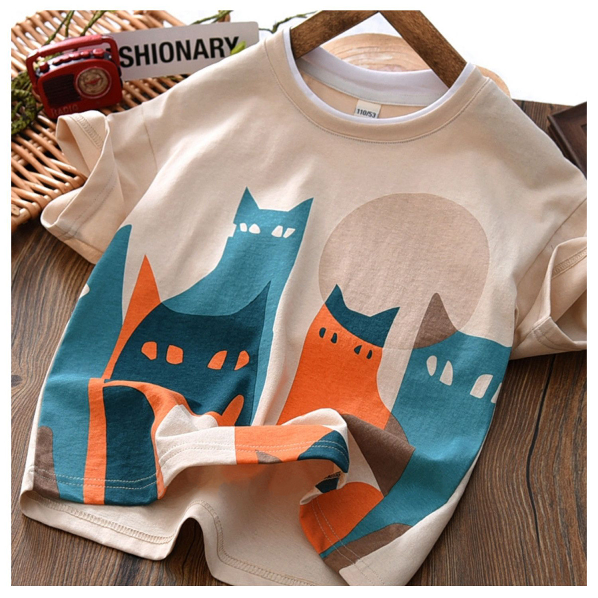 Cotton Boys' short-sleeved T-shirt for summer 2023 new summer, featuring cat and Mi prints for boys, cotton half-sleeved details Picture