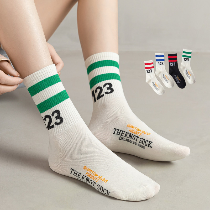篮球袜夏季数字123运动袜子女 白色男生足球袜ins 二杠条纹中筒袜