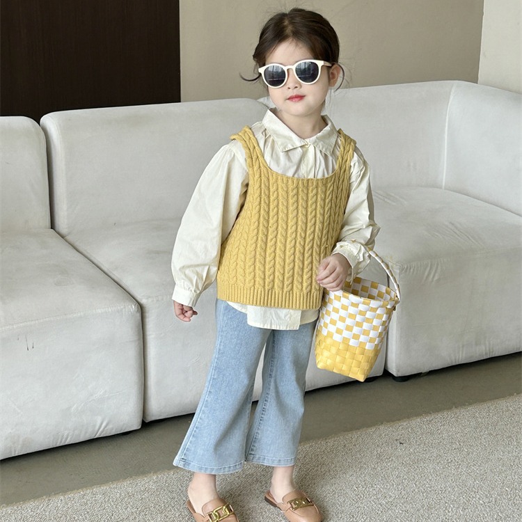 Children's stylish top 2024 Spring and Autumn new children's clothing, Korean-style lapel shirt, halter and woolen vest for little girls details Picture