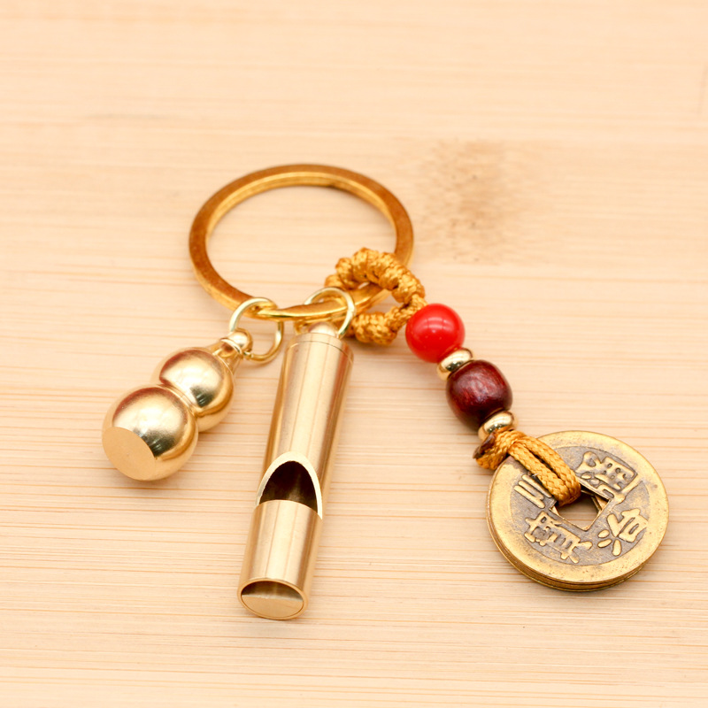 Brass Five Emperor Money Key Chain Whistle Gourd Key Chain Pendant Ping An Travel Jewelry Decoration Spread Straight Specification drawing