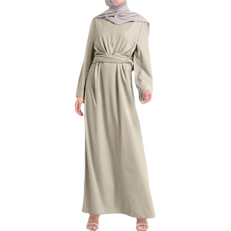 2023中东阿拉伯马来东南亚纯色长款系带束腰穆斯林女装长袍连衣裙详情图4
