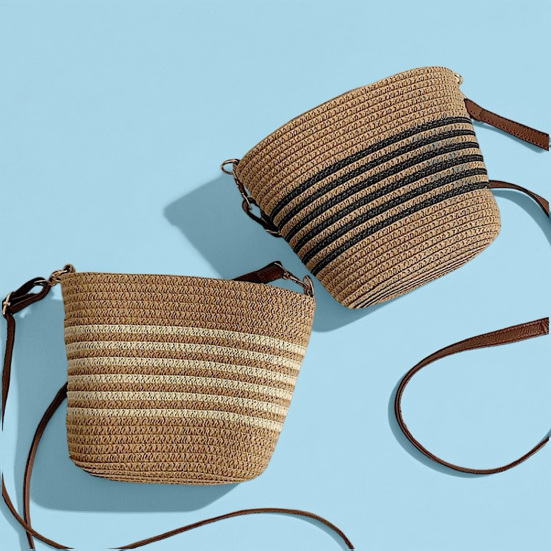 New portable crossbody straw woven bags, small phone bags, hand-woven bags, striped beach bags, commuter tote women's bags Specification image