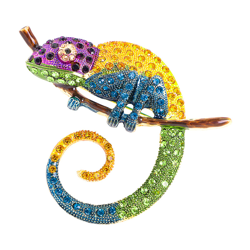 Nuevos productos diamantes incrustados color camaleón broche transfronterizo comercio exterior pintura aceite animal strass lagarto pin broche flores accesorios