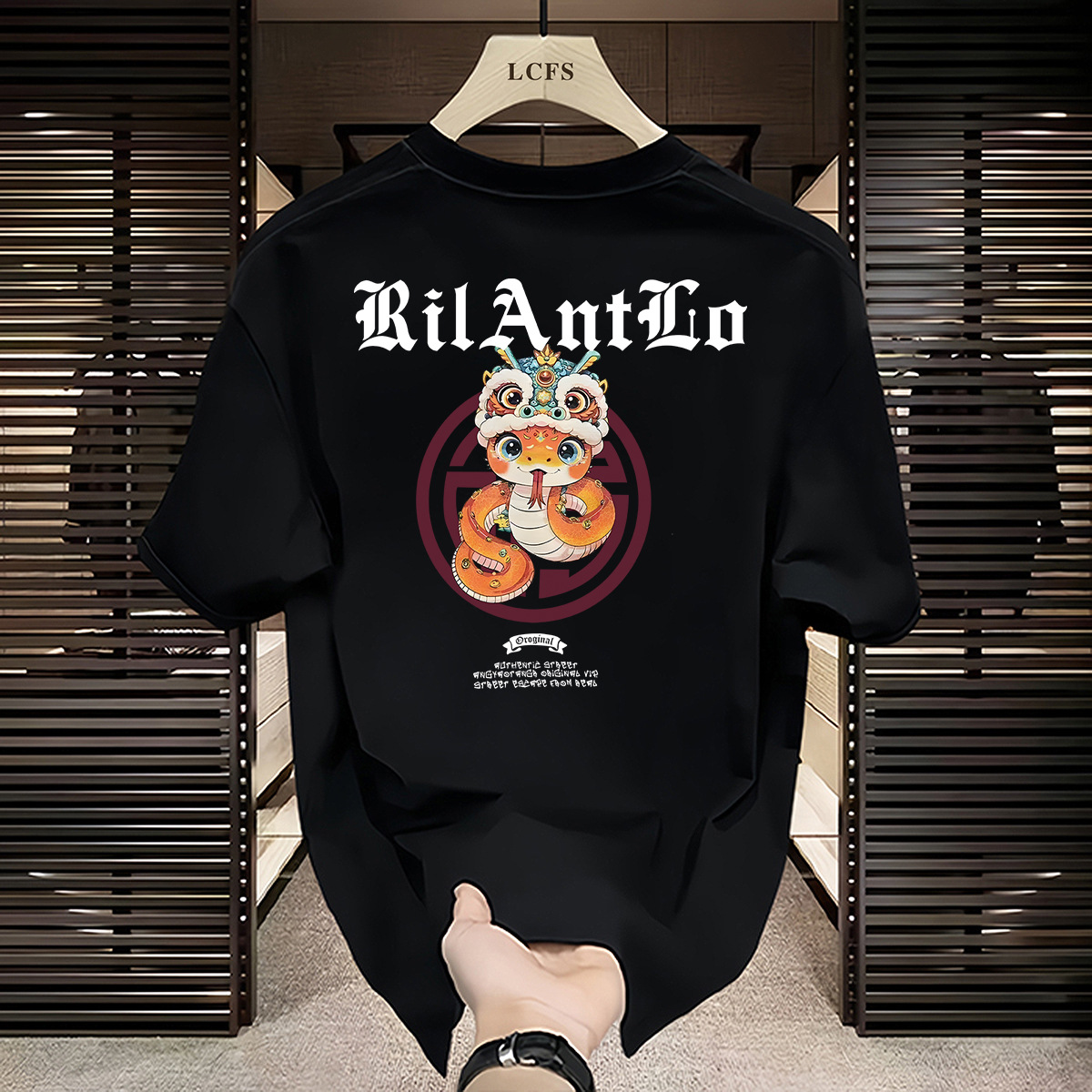 Red short-sleeved T-shirt for men in the Year of the Snake, a new style of pure cotton New Year's clothing for 2025 details Picture