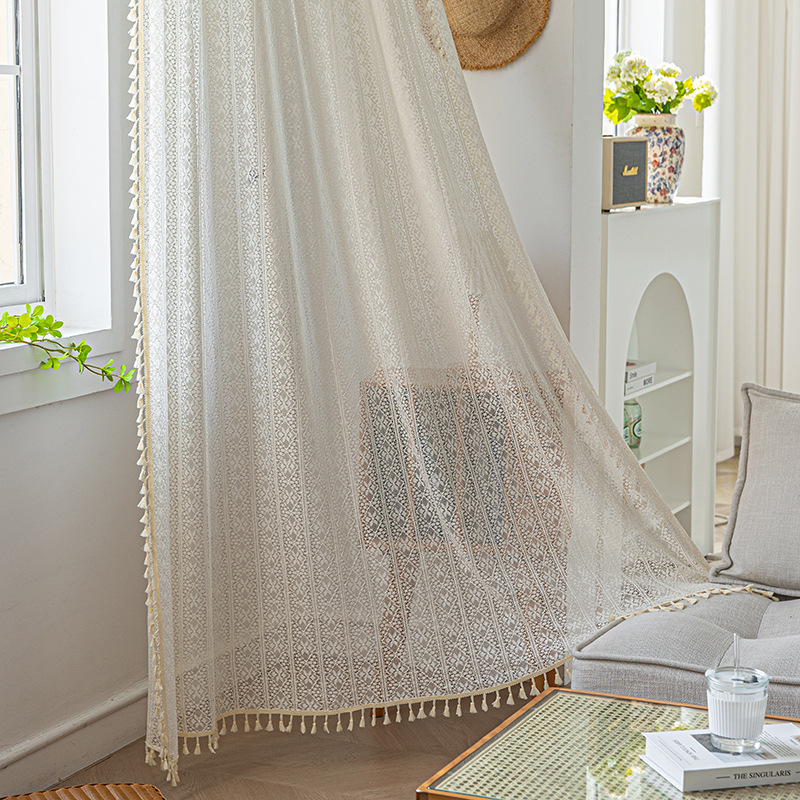 American hollow-out semi-blackout curtain free perforation installation bedroom bay window balcony Nordic simple curtain product wholesale