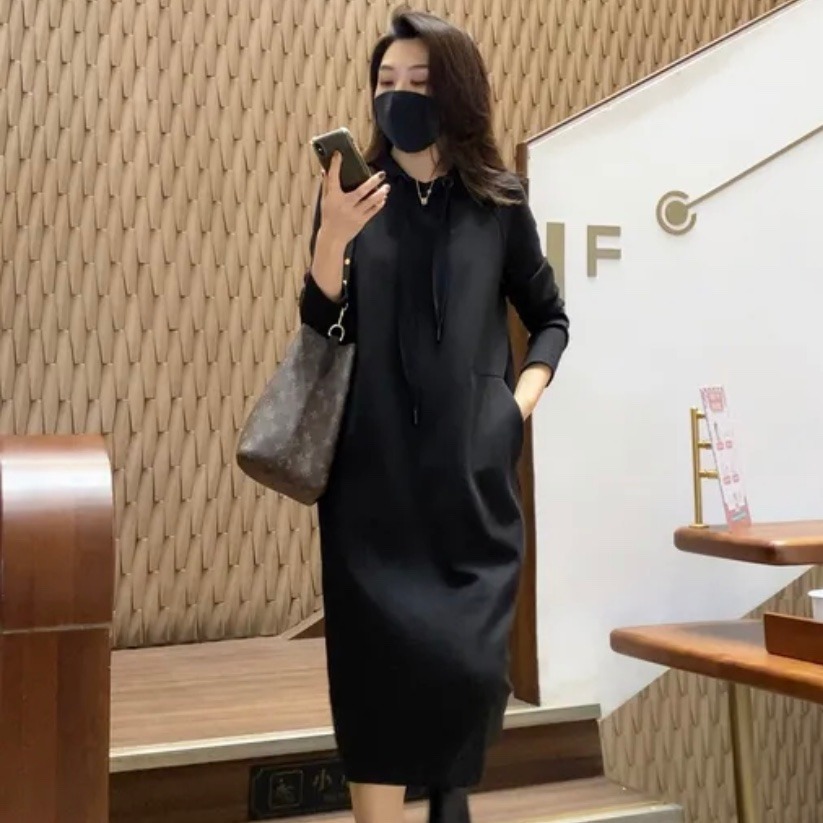 European high-end style hooded mid-length knee-length sweatshirt dress 2021 autumn loose casual dress for women Application Scenario