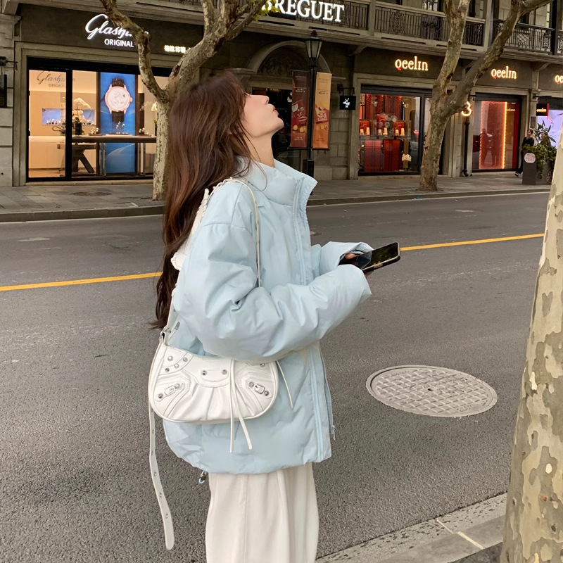 Short down jacket for women, 2024 new style, thickened diamond-shaped embossed stand-up collar, trendy couple winter coat for men