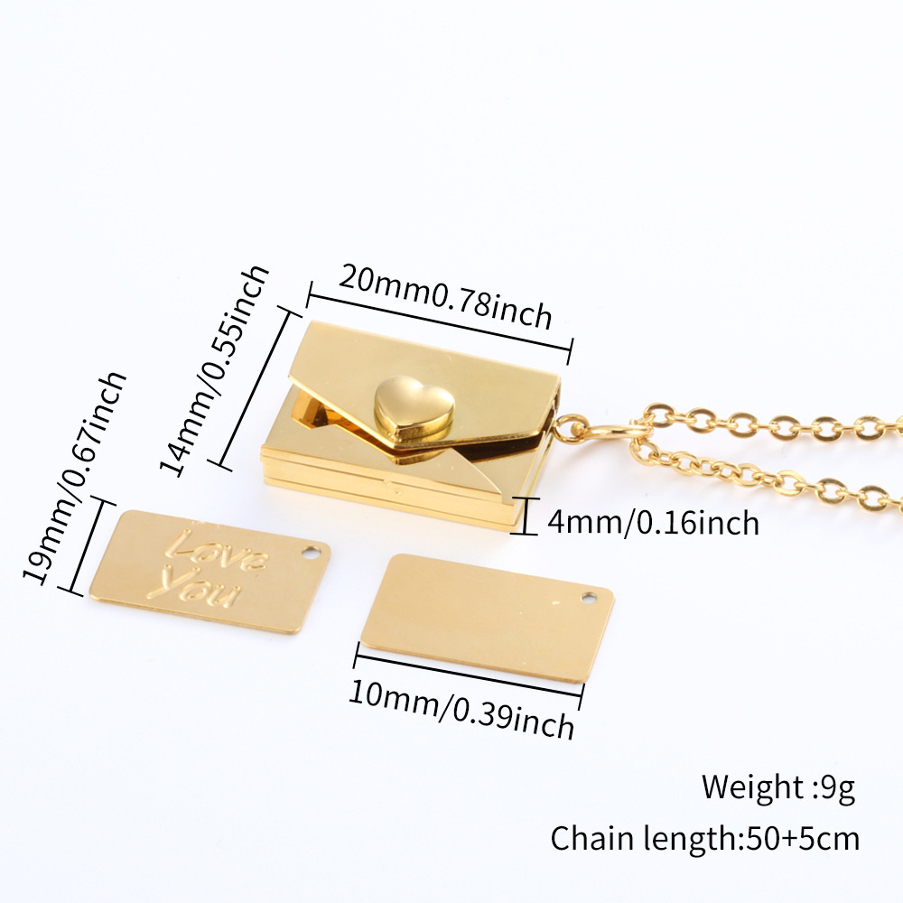 New Vintage Love Letter Envelope Stainless Steel Pendant Couple Accessories Personality Style Girl Titanium Steel Square Geometric Necklace Specification drawing