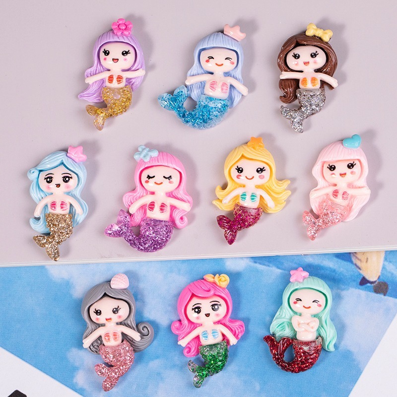 New resin glitter mermaid accessories, diy cream glue phone case, refrigerator, stationery box, cartoon patch material details Picture
