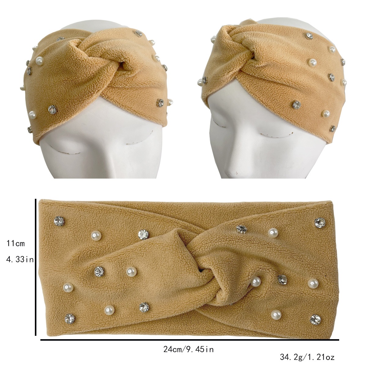 New cross-border autumn and winter solid-color hair band, fashionable beaded cold-proof and warm hair accessory, vintage fleece cross headband for women Item Picture