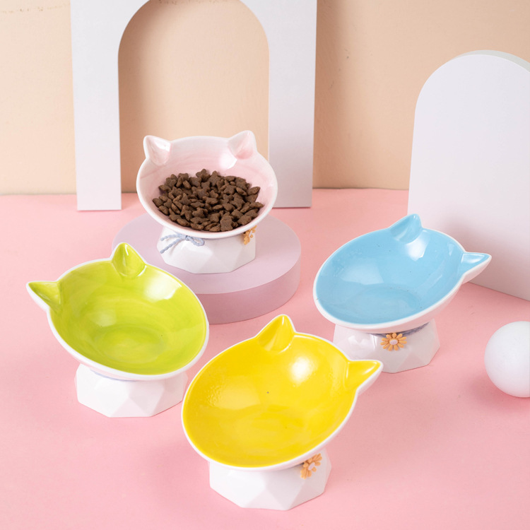 Kitten bowl, big face cat food bowl, ceramic pet protection, cervical vertebrae, high legs cat food bowl, anti-tipping, single bowl cat supplies
