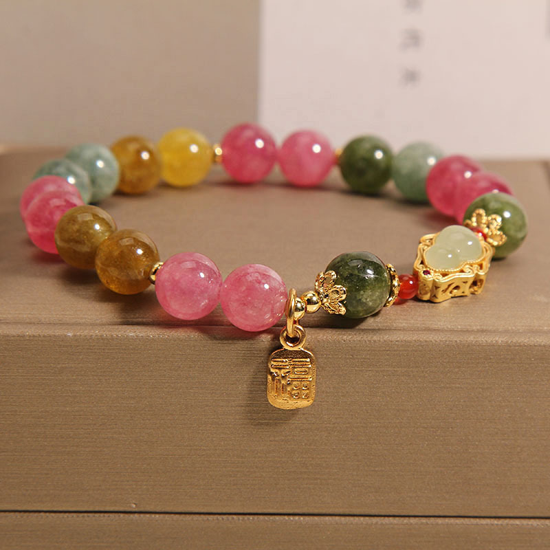 Natural jade color turmalina brazalete mujeres ins niche luz de lujo vintage jade calabaza fu marca colgante exquisita mano cadena