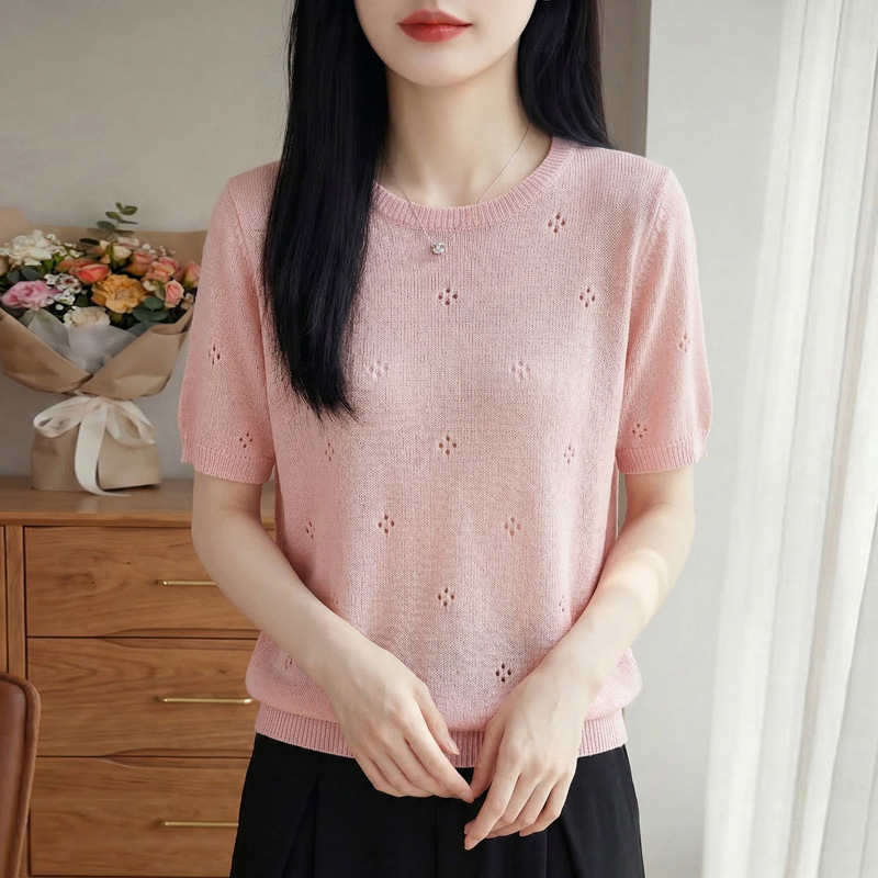 Spring/Summer 2026 new style paper yarn round-neck knitted sweater, short-sleeved women's cutouted solid color pullover base layer T-shirt details Picture