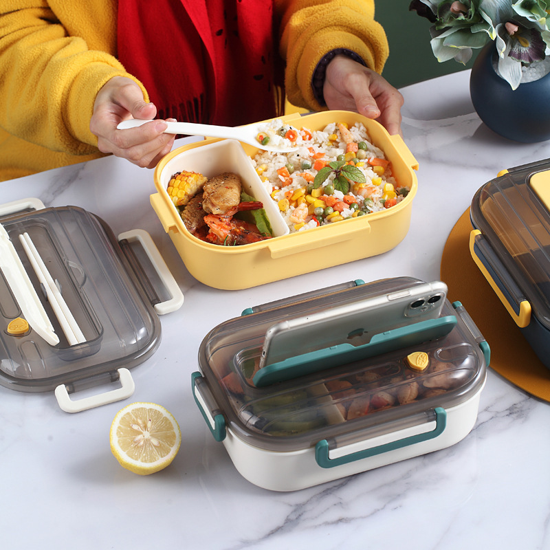 304不锈钢餐盒自带餐具 塑料内格饭盒上班族午餐盒可微波炉便当盒