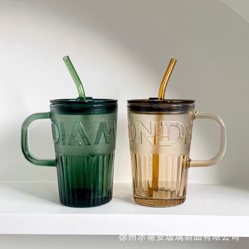 High-quality appearance level glass cups with LIDS, straw portable cups, children's drinking cups, large-capacity handle cups, high-end cups Specification image