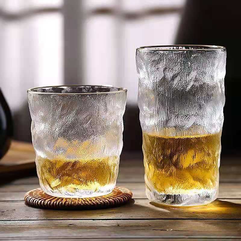 日式透明冰川玻璃杯家用喝水杯子夏日啤酒杯红酒杯果汁杯树皮纹杯