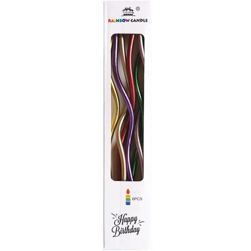 A birthday cake decorated with colorful gold and silver curved candles, smokeless, odorless, gold-plated and cute spiral wave candles Specification image