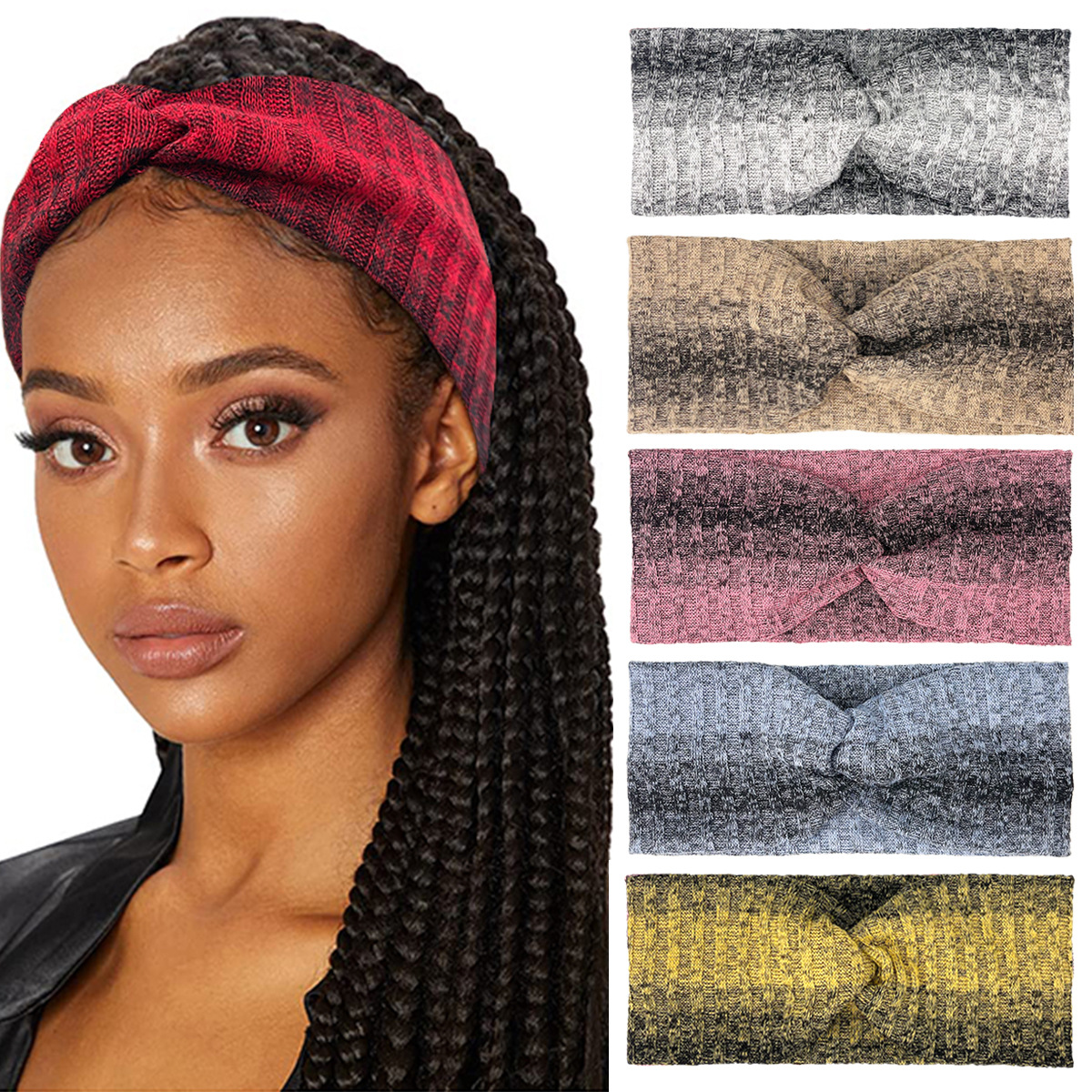 New autumn and winter tie-dyed cross headband, knitted high-end elastic fashionable hair tie, trendy gradient ribbed headscarf for women full figure