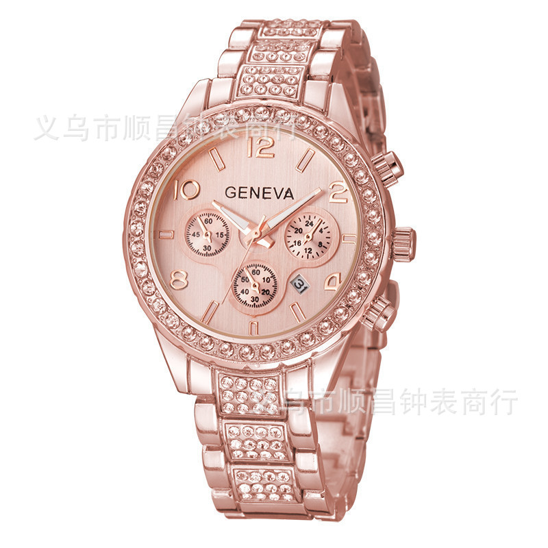 Hot selling women's watch GENEVA watches men's diamond three eyes steel belt calendar watch manufacturers wholesale spot details Picture