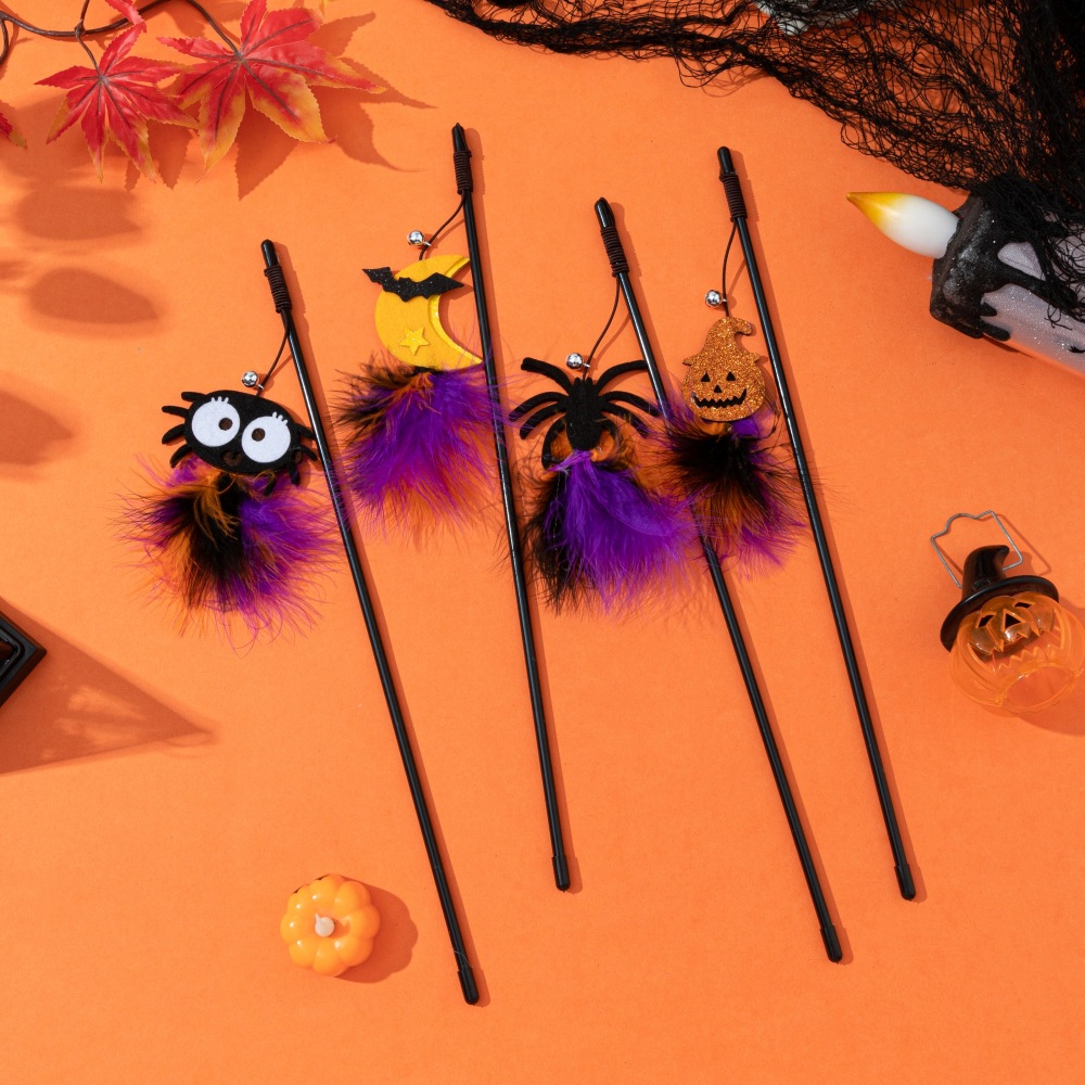 New Halloween cat toy stick, new style Halloween doll with feather cat for self-entertainment, direct supply from the manufacturer