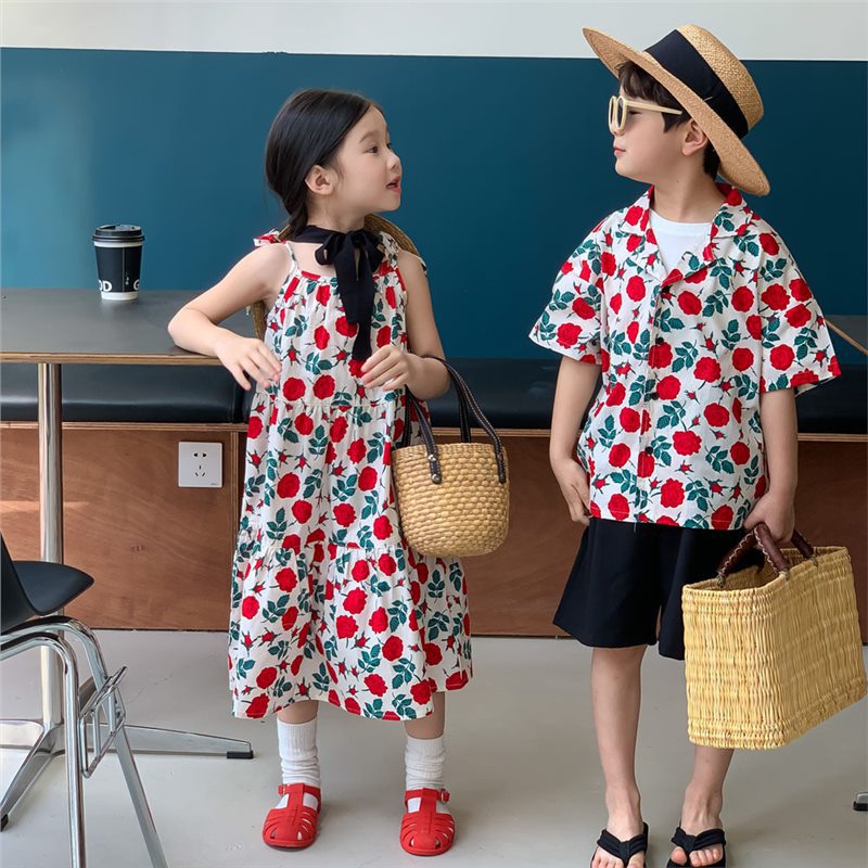 兄妹装2023夏季女童韩版花朵吊带裙儿童西装领衬衫儿童姐弟装图