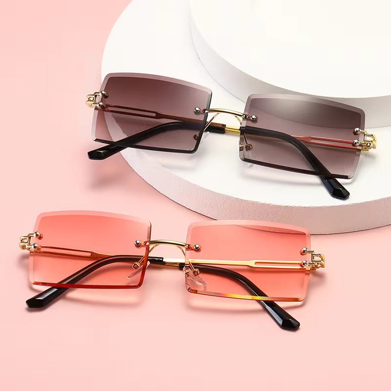 2023欧美眼镜无框钻石切边太阳镜方形方框墨镜女士眼镜sunglasses