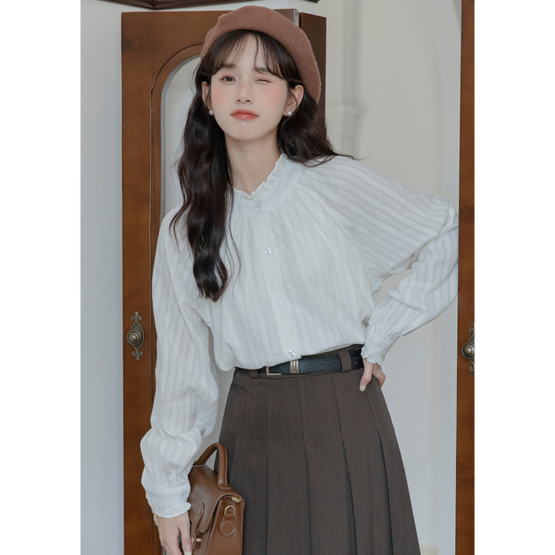 Factory direct sales 2023 Autumn/Winter new solid color, elegant and versatile, with a white long-sleeved top shirt for women HUA965 details Picture