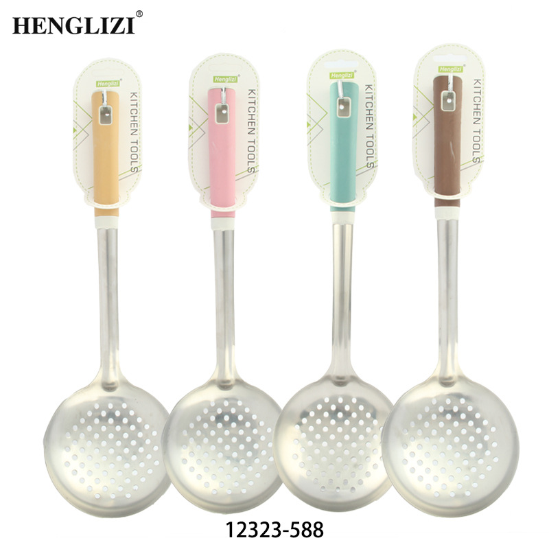 Cross-border household stainless steel spatula Soup spoon Frying spatula slotted spoon Non-stick pan mixed color square handle handle kitchen utensils Application Scenario