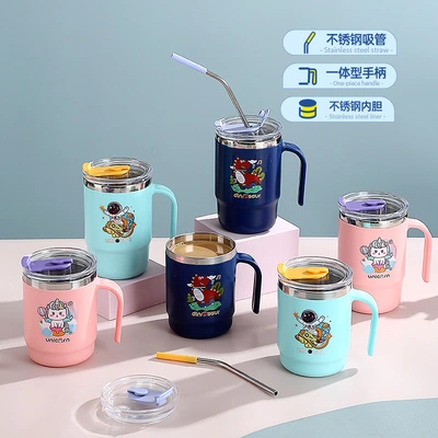 New cartoon office home stainless steel with cover with straw water cup Coffee cup with handle anti-hot thermos cup thumbnail