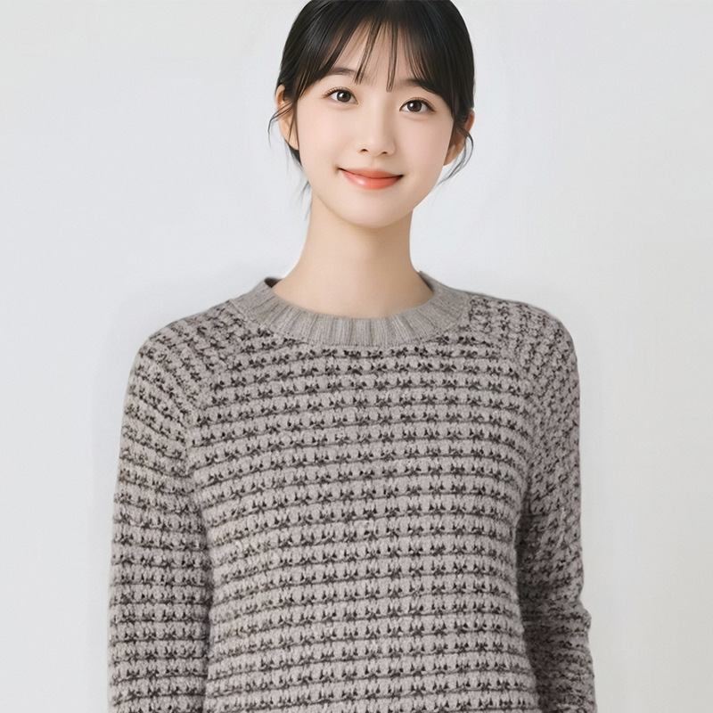 女款宽松休闲毛衣加厚格子提花针织时尚打底毛衣套头镂空长袖
