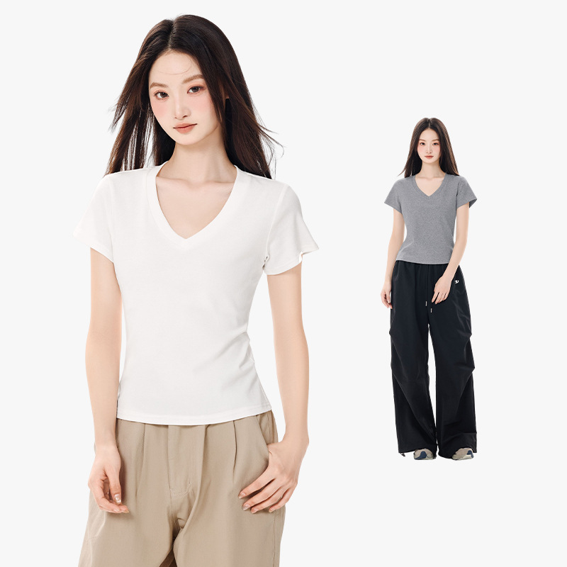 Solid-color V-neck short-sleeved T-shirt for women, new summer style, pure and slimming, shoulder-length short top for women, half-sleeved base layer