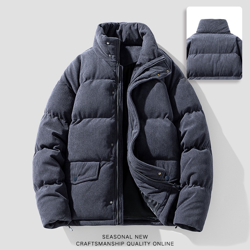 Winter Hong Kong-style corduroy fabric cotton-padded jacket, a trendy brand for couples, thickened cotton-padded jacket, men's stand-up collar coat 2023 Specification image