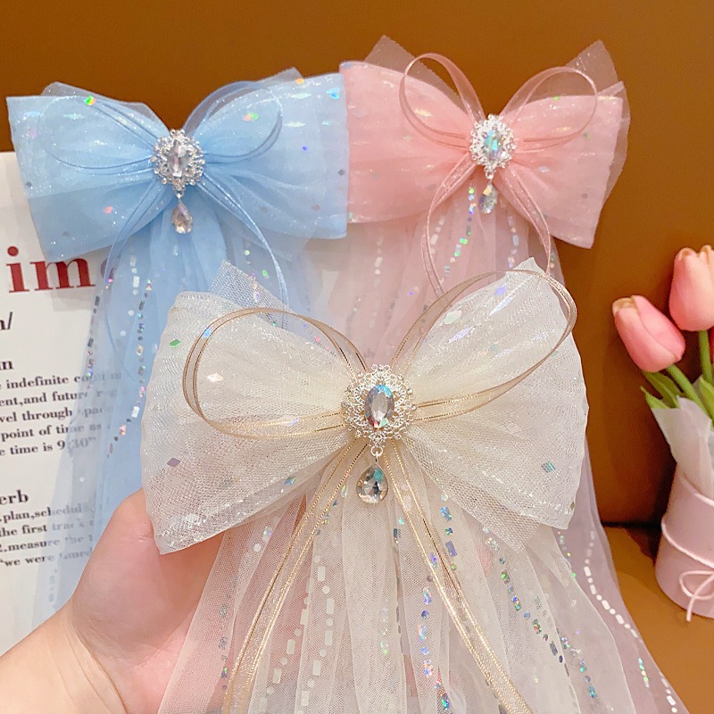 Children's Hair Clip Girls Super Fairy Diamond Bow Float Hair Clip Baby Long Streamer Headpiece Little Girl Hair Clip full figure