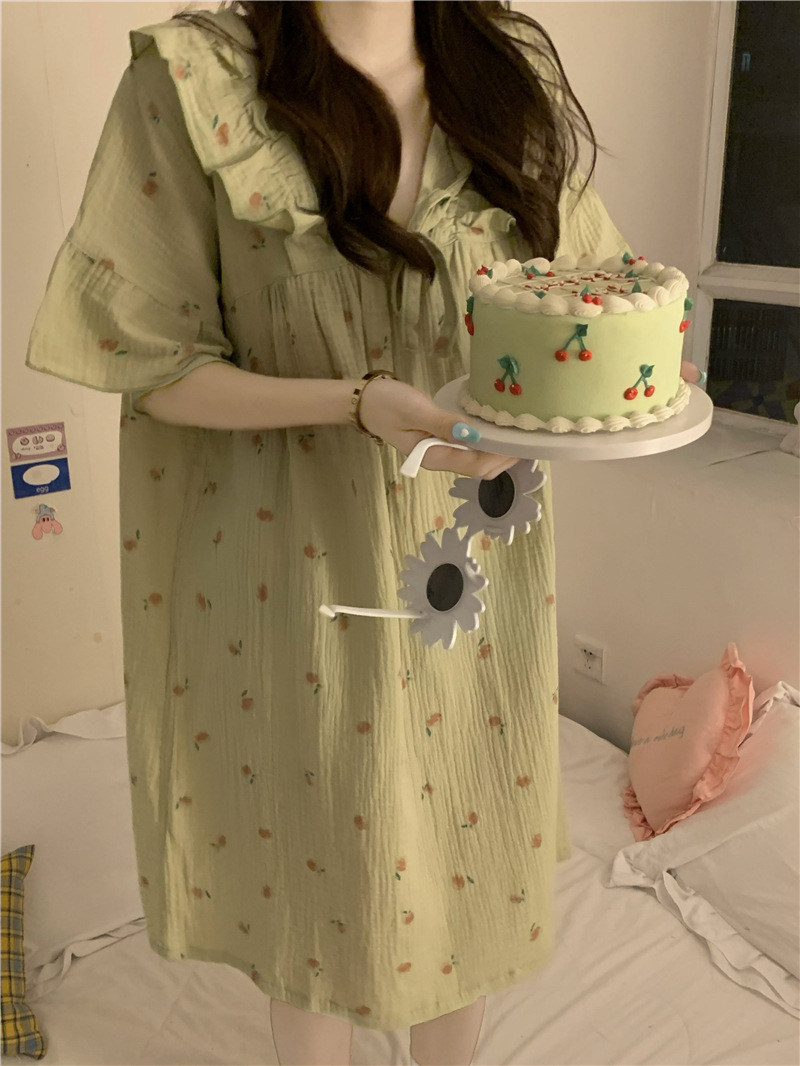 ins Korean princess-style summer pajamas for women, short-sleeved, small floral prints, round collars, sweet girl, loose home wear for students pic 18