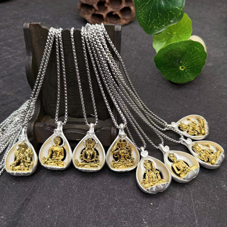 Bodhi leaf Buddha statue pendant, Tibetan alloy silver-plated retro ethnic men and women pendant, Sakyamuni Di Zang Wang necklace Specification image