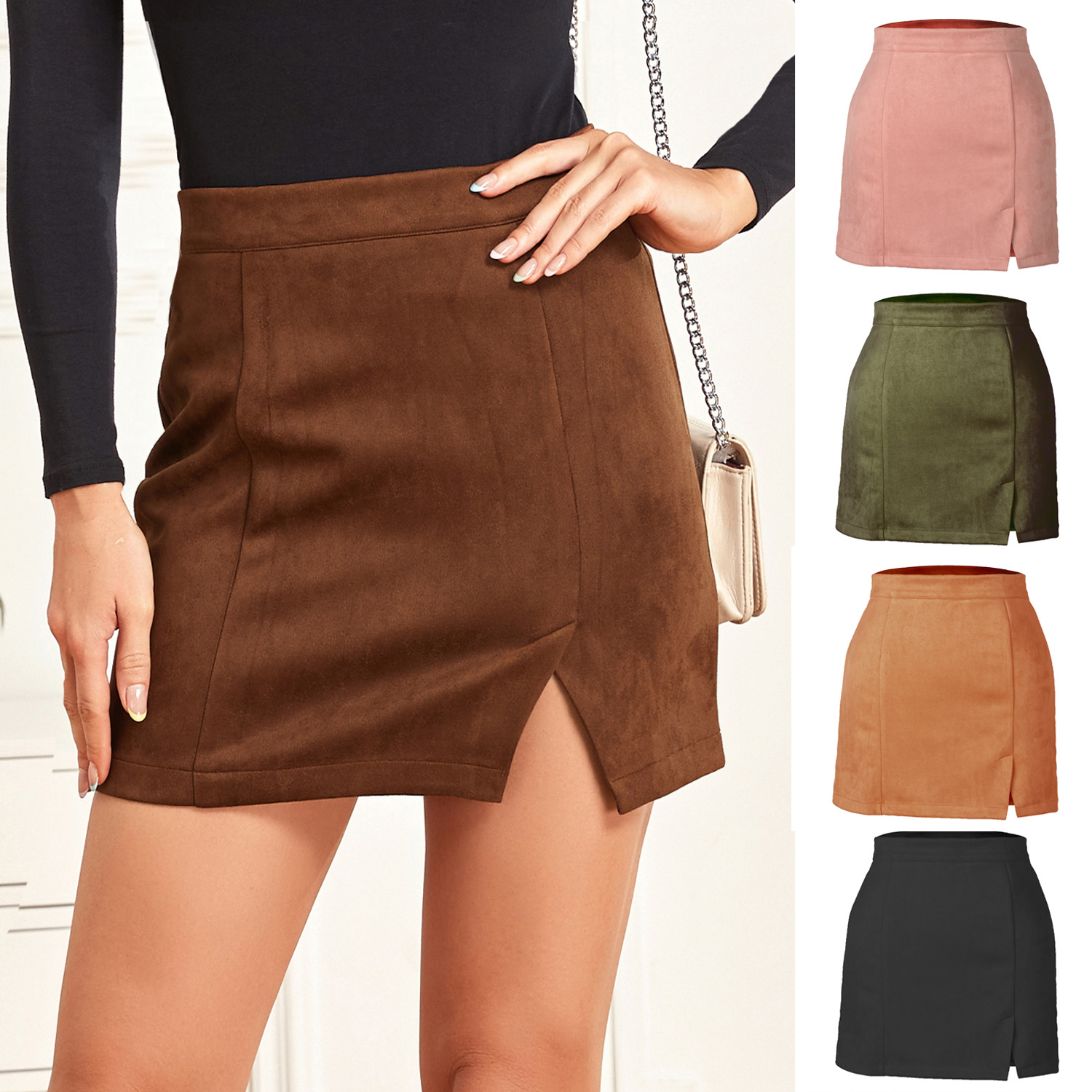 2021 Amazon Cross-border Women's Clothing Suede fleece hip-hugging short skirt, high-waisted zipper autumn and winter A-line solid color half skirt for women details Picture