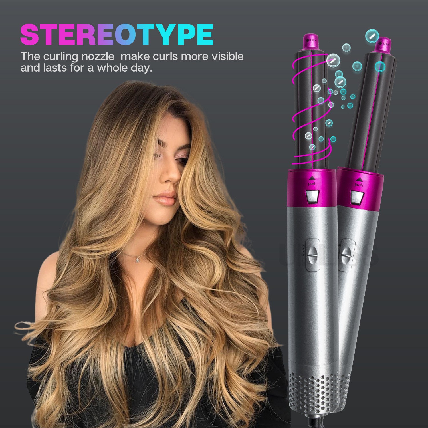 Customized Hot Air Comb, Five-In-One Multi-Functional Electric Rotating Curling Iron, Large Waves Without Damaging Hair, Cross-Border Hair Dryer Specification drawing