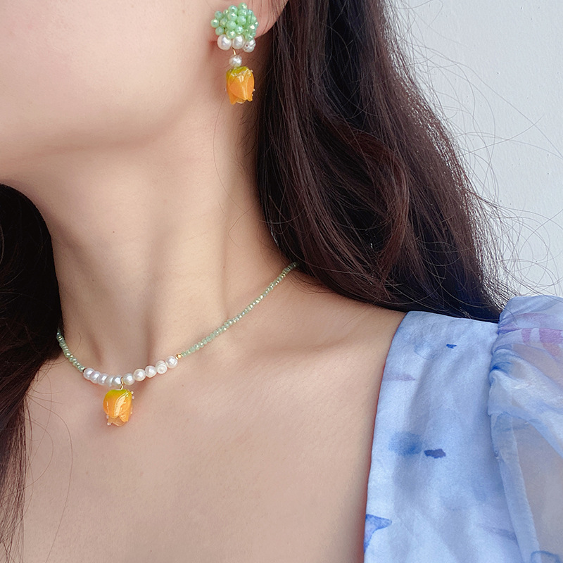 Original handmade tulip flower earrings necklace female freshwater pearl crystal beaded set temperament Sen stud Specification drawing