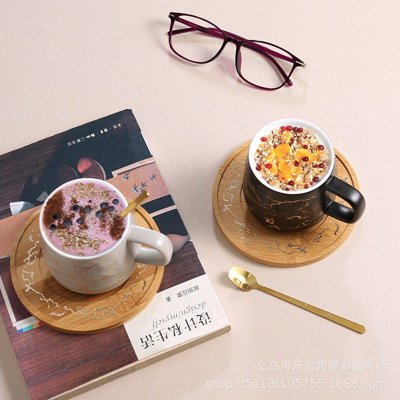 Creative European Ceramic Cup Marble Color Glaze Drinking Cup Mug Mug Bamboo Tray Coffee Cup Gift Accompaniment Application Scenario