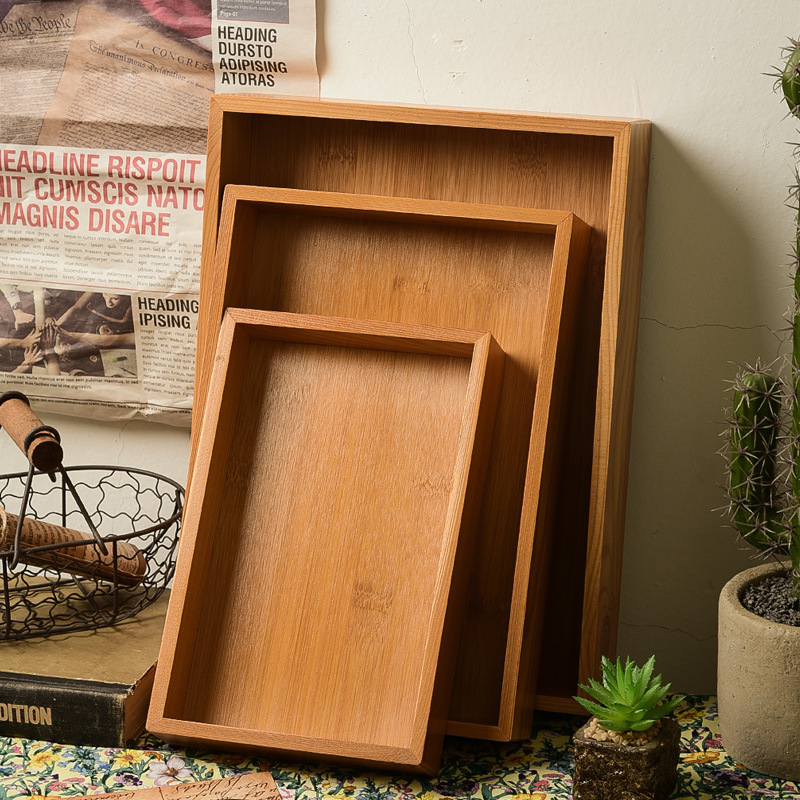 Bamboo Tray Solid Wood Tea Tray Water Cup Tray Japanese Fruit Tray Wooden Household Rectangular Tray Hotel Dinner Plate